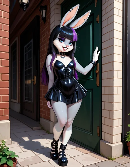 masterpiece, best quality, very aesthetic, absurdres,
outdoors, goth fashion, 
full body, posing, standing, 
seductive smile, parted lips, long eyelashes,
<lora:Goth_Bugs_Bunny_v01_NAIXL:1>
G07h88,1girl,solo,furry,furry female,rabbit girl,rabbit ears,long hair,multicolored hair,black hair,purple hair,blunt bangs,rabbit ears,piercing,blue eyes,makeup,eyeshadow,snout,animal nose,whiskers,buck teeth,collar,body fur,two-tone fur,grey fur,white fur,rabbit tail,