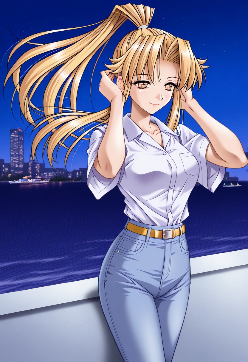 masterpiece, best quality, newest, highres, uncensored, 1girl, yokota mamoru style,1girl, slender face，motion lines, ,Kitagawa Junko,Honey Blonde Hair, Ponytail, Waist Length Hair,Amber Eyes,slim
Hong Kong, Victoria Harbour, high-rise buildings, seaside, distant view, sea breeze, wearing business clothes, jeans, smiling, floating hair, hands in the ear, touching hair, night