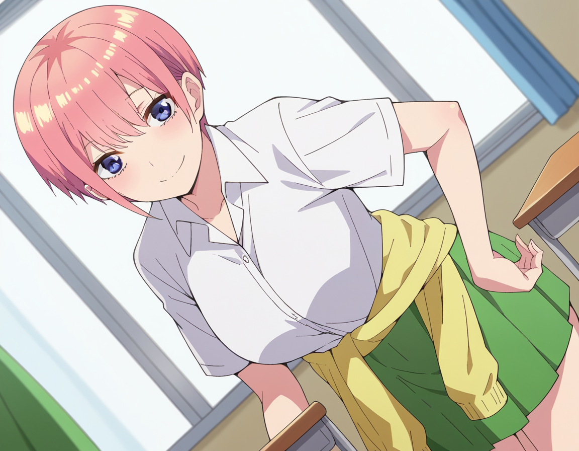 score_9, score_8_up, score_7_up, source_anime,
ichikanakano, <lora:ichika-nakano-s2-ponyxl-lora-nochekaiser:1>, 
ichika nakano, short hair, bangs, blue eyes, hair between eyes, pink hair, pixie cut, smile, mature female,
skirt, shirt, school uniform, white shirt, short sleeves, pleated skirt, collared shirt, sweater, green skirt, clothes around waist,
indoors, classroom, smile, bent over,
looking at viewer, cowboy shot, solo, dutch angle,