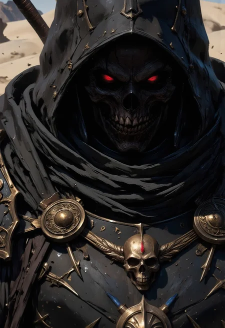 A hyper-detailed super close-up of a shadowy gunslinger's face and chest in a windswept desert storm — only the lower part of the weathered wide-brimmed hat is visible, casting deep shadows over their face. Their piercing, predatory eyes glint faintly beneath the hood, partially veiled by layers of windblown fabric. Grains of sand strike the worn texture of the tattered, rune-lined coat, caught mid-motion as they whip across the glowing golden embroidery on the high collar beneath. The intricate symbols pulse dimly, like ancient circuitry. Strapped across the chest, enchanted bullets glow in blue and crimson hues, the light flickering as the storm thickens. Just visible in the lower frame, the smoking barrel of an ornate revolver rises into view, engraved with serpents and flame motifs, its metal catching the reddish ambient light. The atmosphere is dry, electric, and tense — the viewer is drawn into the silent intensity of the gunslinger’s breath, the whisper of death in a world gone to dust. c1nna_sh4de , mythp0rt, cinna flow, hkstyle