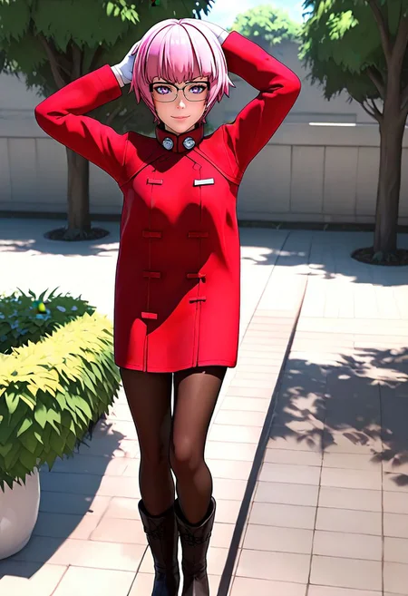 <lora:sdxl_lightning_8step_lora:1> <lora:Fixhands_anime_bdsqlsz_V1:1>score_9, score_8_up, score_7_up, source_anime, intricate details, perfect anatomy BREAK
1girl, solo, gis-esakipurin, pink hair, short hair, purple eyes, black-framed eyewear, red coat, white gloves, gis-esakipurin outfit, brown pantyhose, black boots,
pantyshot, arms up, Teasing, A playful smirk, a raised eyebrow, and a hint of dominance., outdoors,
<lora:gis-esakipurin_XL(pony)fix:0.9>