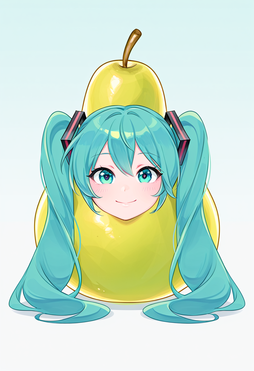 masterpiece, high quality, absurdres, pearto, hatsune miku, long hair, twintails, food, fruit, looking at viewer, smile, closed mouth, objectification, head only, disembodied head, <lora:pearto:1>,