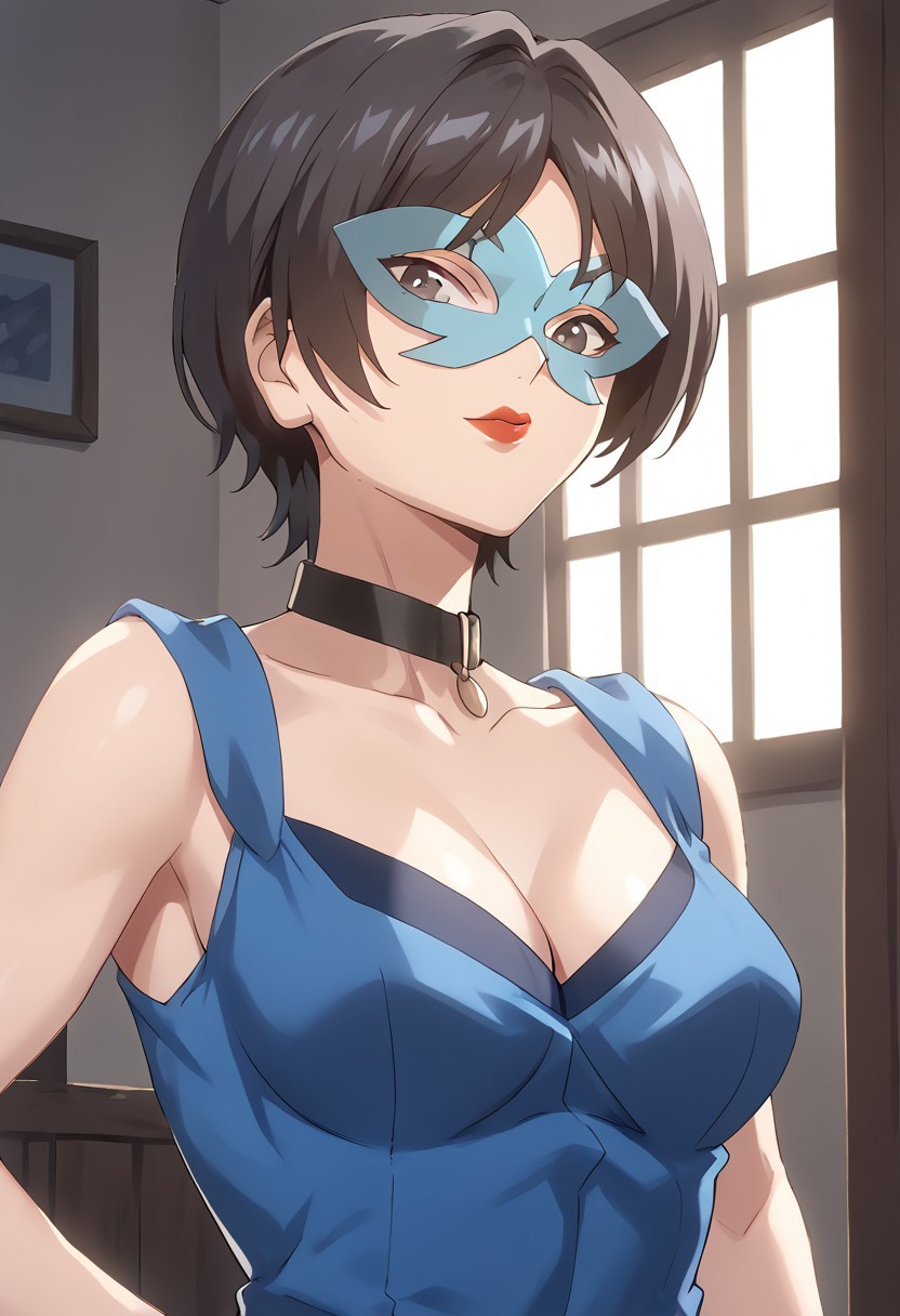 score_9, score_8_up, score_7_up,at room, indoor, moonlight,night view, richlady, female, mask, black hair, red lips, collar , blue clothing,black eyes,front view