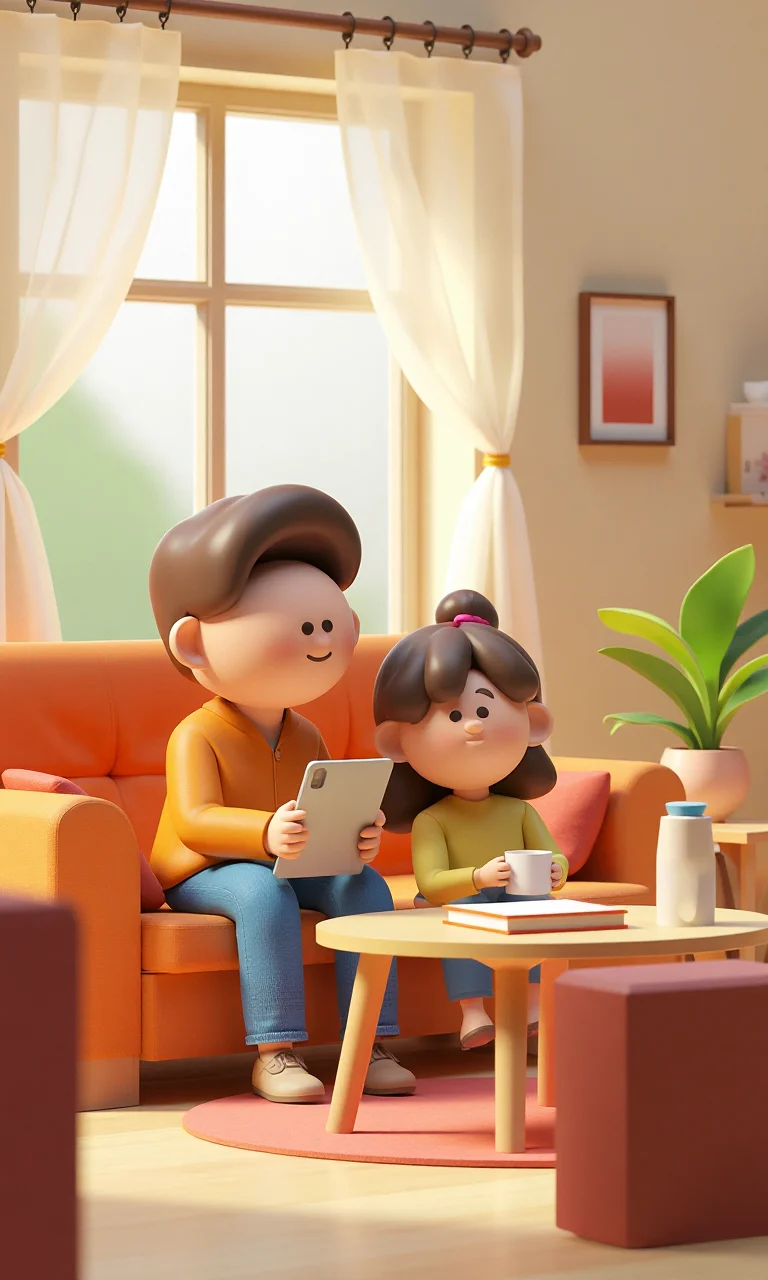 3D illustration, cozy living room, family gathering, soft natural light, detailed furniture and decoration, vivid expressions, cozy atmosphere 