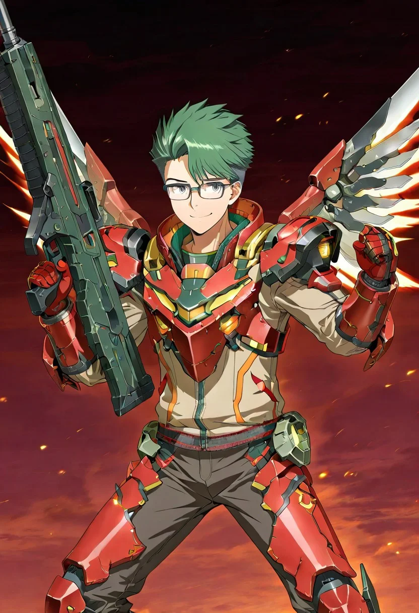 gb4_tao, green hair, short hair, grey eyes, 1boy, solo, male focus, glasses, lean body, wear mecha armor with eagle mecha wings, red mecha armor theme, fly toward the viewer, fight pose, high quality, armaments equipped in the armor, score_9, futuristic city in the background, BREAK, his right hand is holding beam rifle, high quality, best quality, masterpiece, detailed draw,detailed eyes, detailed face
