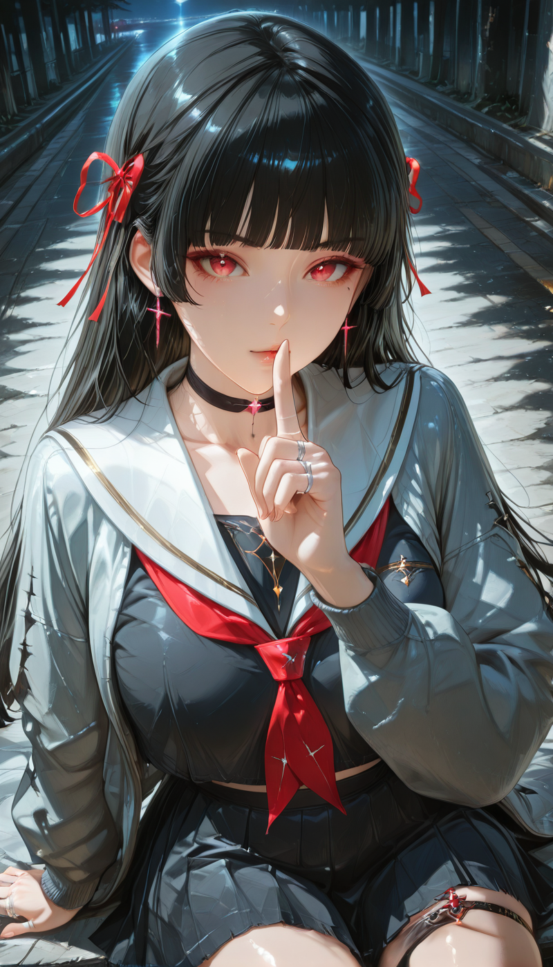 <lora:LCMTurboMix_Euler_A_fix:1> <lora:example_SDXL:0.3>, EZRealPONYXL, <lora:Dramatic Lighting Slider:3> <lora:realistic filter [IL]:1>
DSLR,realistic,cosplay photo, (very awa,masterpiece,best quality,year 2024,newest,absurdres,highres:1), realistic,skin texture,facial features, photography shot with Canon EOS 5D Mark IV , realistic, RAW, best quality, masterpiece, amazing quality, skin details,
1girl, highly detailed beautiful face, large natural breasts,
detailed background, shiny skin, dutch angle, night, moonlight,
beautiful detailed eyes, intricate details, absurdres, anime screencap,
 <lora:Chisa_WWave_ILXL_kill0825:1>
WWChisa, long hair, breasts, black hair, red eyes, hair ribbon, earrings, parted lips, mole, red ribbon, mole under eye, black choker, cross, hime cut, cross earrings, latin cross, blunt bangs, straight hair,
shirt, skirt, long sleeves, ribbon, jewelry, jacket, school uniform, collarbone, earrings, pleated skirt, open clothes, serafuku, black skirt, sailor collar, open jacket, red ribbon, black shirt, neckerchief, thigh strap, black choker, ring, cross, red neckerchief, white sailor collar, black serafuku, grey jacket, midriff peek, multiple rings, necktie, miniskirt, crop top, high-waist skirt, crop top overhang, 
cowboy shot, looking at viewer, sitting, close up, dynamic pose, from above, shushing,