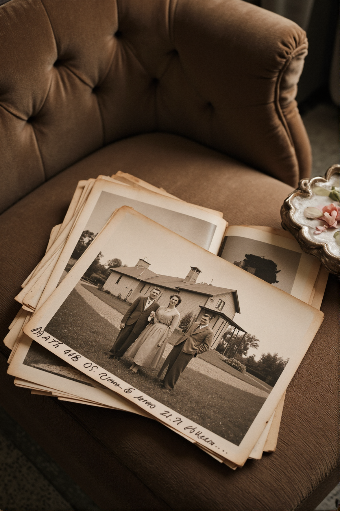 An old photo album lies open on a velvet chaise, its pages brittle with age. But one photograph is out of placeâa couple standing in front of a house that no longer exists, their smiles frozen in time. A date scrawled in the corner reads a year neither of them should have lived to see. The sepia vignette curls around the image, as if it, too, is a ghost.
 <lora:sepia-vignette-flux:1>