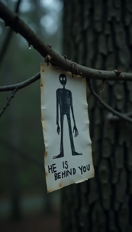 a hand drawn slender man on paper and a hand written text that says 'HE IS BEHIND YOU', attached to a tree branch, in the middle of the night