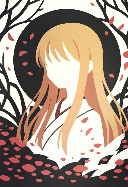 score_9, score_8_up, score_7_up, <lora:PonyMinimalStyle:1> Minimalstyle, 1girl, simple, faceless female, beautiful, extremely detailed, vector, headshot, blonde hair, long hair, sakura petals, red and black theme, tsukuyomi, moon, white kimono