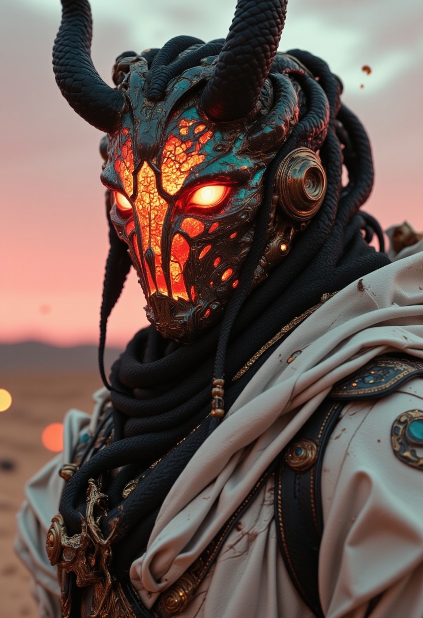 A apoclypse surreal cyberpunk setting under a gritty bleaked beige and pink/orange desert sunset, a Closeup Portrait of an eerie horned hkgod sci-fi shinobi scout with billowing octopus backpack in a sandstorm, their holographic crystalline mask glinting like shattered rainbows. Iridescent black amber teal energy veins pulse across their form. The atmosphere is thick with heat distortion, glowing particles floating in the air. dark atmospheric lighting, white cybernetic armor. Wielding a massive sss hkgod great sword with intricate translucent engravings