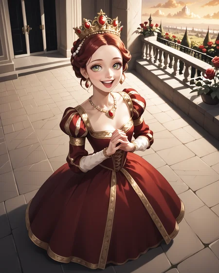score_9, score_8_up, score_7_up, 1girl, wearing medfa, medfa clothing, waist-up, updo, excited, joyful, energetic, clapping hands together, rose garden, delicate pearls, beautiful sky, long lashes, extremely detailed clothing, jacquard fabric, gold embroidery, gentle eyes, masterpiece, highest quality, absurdres, (extremely detailed,best quality:1.1), detailed face, detailed hair, <lora:Medieval_Fashion_XL:1>, <lora:HighLowAngleSlider:3>, <lora:OtherStyle_08-Merge5_06_04_02_02:1>, high angle