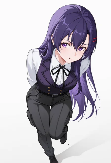 Smooth Quality,masterpiece,very intricate, high quality details, ultra realistic, high detailed skin,detailed enviorement,absurdres,
<lora:Rebecca_Bradley_CNR_r1:0.8> rebecca_cnr, purple hair, very long hair, hair between eyes, purple eyes, mole under eye, hairclip,, blazer, ,pinafore top, ,cargo pants, ,, simple background, white background, from above,solo,
one leg extended forward, arms behind back, slight torso twist, weight on back foot ,, :t,