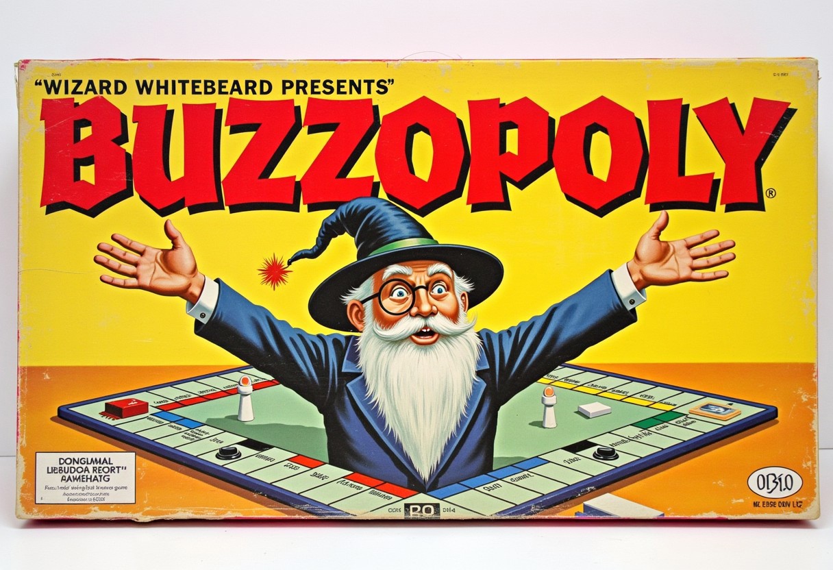 vintage board game box with title "BUZZOPOLY", featuring a logo depicting a wizard with long beard, wearing a monocle and a top hat, and ars stretched out. Small text on the top of the box reads ”WIZARD WHITEBEARD PRESENTS”. Monopoly style design, with the game board in the background
