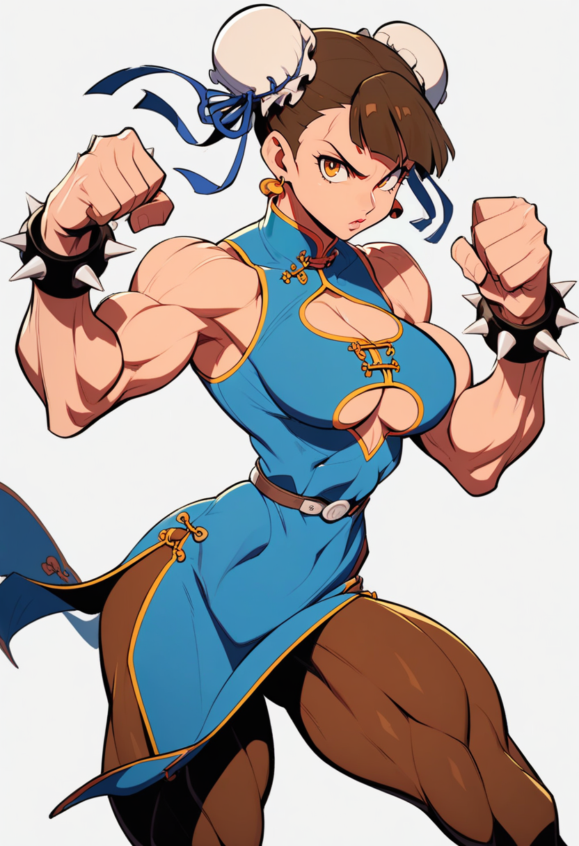 by hata, best quality, masterpiece, innerboob, innerboob cutout, flat color, pseudo impasto, chun-li, 1girl, solo, hair bun, double bun, jewelry, pantyhose, brown hair, dress, breasts, fighting stance, china dress, bun cover, bracelet, spiked bracelet, earrings, chinese clothes, muscular, spikes, blue dress, muscular female, brown pantyhose, cleavage, sleeveless, white background, looking at viewer, underwear, bra, cropped legs, parted lips, pelvic curtain