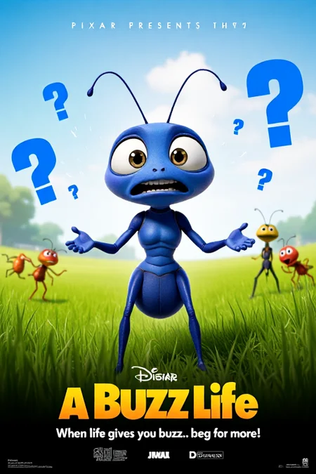mvpstr. Epic movie poster for "Pixar presents A Buzz Life," featuring a large, bluish, anthropomorphic ant standing front and center, with exaggerated, pleading eyes and holding out its hands as if begging for buzz. Surrounding the ant are shimmering, floating buzz symbols and digital sparks. The background shows a vibrant grassy scene typical of Pixar's animation style, with other quirky insect characters in the distance, also reaching for buzz. The tagline at the bottom reads, "When life gives you buzz... beg for more!" The Pixar logo is prominently displayed, styled to fit the comedic tone. <lora:schnell_v1.0:1.0> <lora:EpicMoviePoster-000015:0.8>
