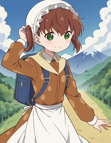 score_9, score_8_up, score_7_up, source_anime, <lora:nae-saikawa-s2-ponyxl-lora-nochekaiser:1>, nae saikawa, bangs, brown hair, hair between eyes, twintails, green eyes,, skirt, shirt, long sleeves, hat, collared shirt, apron, white headwear, polka dot, waist apron, white apron, frilled apron, brown shirt,, mountain trail, hiking, nature, backpack, adventure, fresh air, smile, , hand behind head, , solo,, dutch angle,