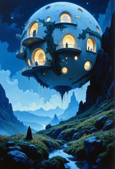 Studio Ghibli Dark Fairytale, a colossal floating orb hovers gently above a nocturnal flower meadow, its surface embedded with delicate, glowing windows and tiny balconies—miniature living quarters nestled into the sphere like a surreal vertical village. Soft, muffled blue light spills from within, casting a dreamy illumination across the misty meadow below. The surrounding landscape is hilly and enchantingly picturesque, shrouded in a light fog, with scattered wildflowers swaying in the night breeze. In the distance, painterly, rolling hills fade into a hazy, magical horizon. The orb’s surface is detailed with intricate architectural elements—arched windows, ivy-covered walkways, and glowing etchings—like a fairytale home turned inside out. The atmosphere is rich with mystery, veiled in silvery-blue mist under a moonless sky, while faint neon hues dance along the orb’s edges, as if reality itself flickers softly around it.