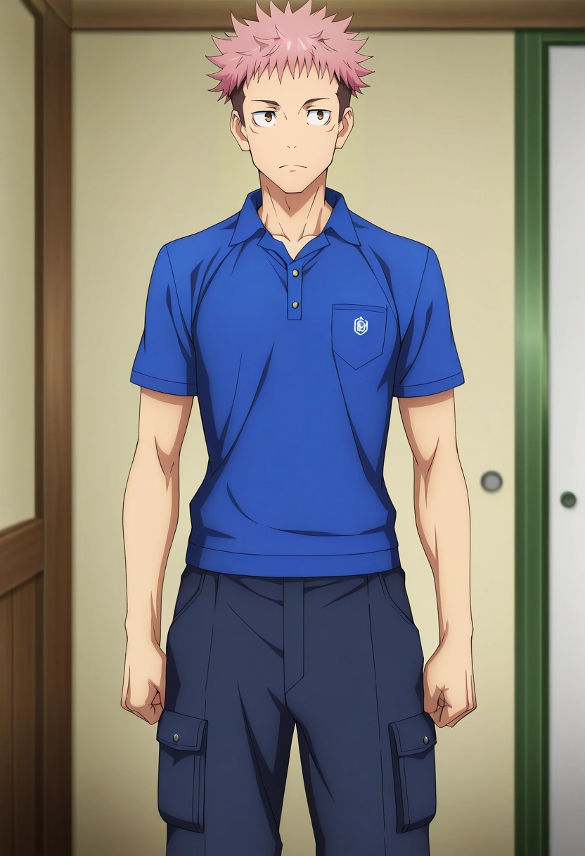 masterpiece, best quality, , anime screencap, anime coloring, official style, , 1boy, solo, male focus, <lora:yuuji_itadori_ilxl:0.98>, yuuji_itadori, pink hair, brown eyes, short hair, undercut, spiked hair, , Utility pants, Pique polo shirt, , ,