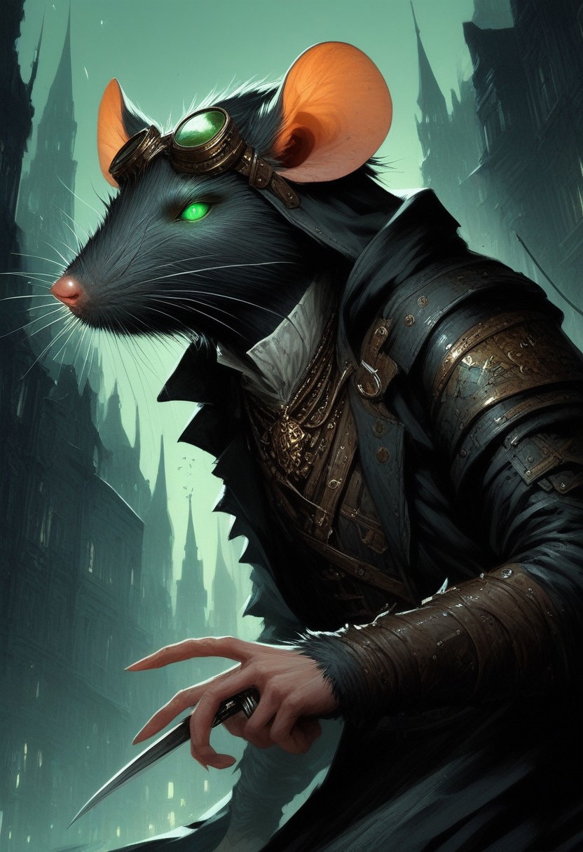 BREAK score_9, score_8_up, score_7_up,  victorian city, night, ominous, solo,  rat man, black longcoat, wearing goggles, green glow eyes, hood, knife, dynamic pose, leaning forward, fully body shot , leather armour, sneaking
(masterpiece, best quality, ultra detailed, intricate details:1.2), (detailed face:1.1), (rat folk:1.5) <lora:RPGRatFolkXL:1>