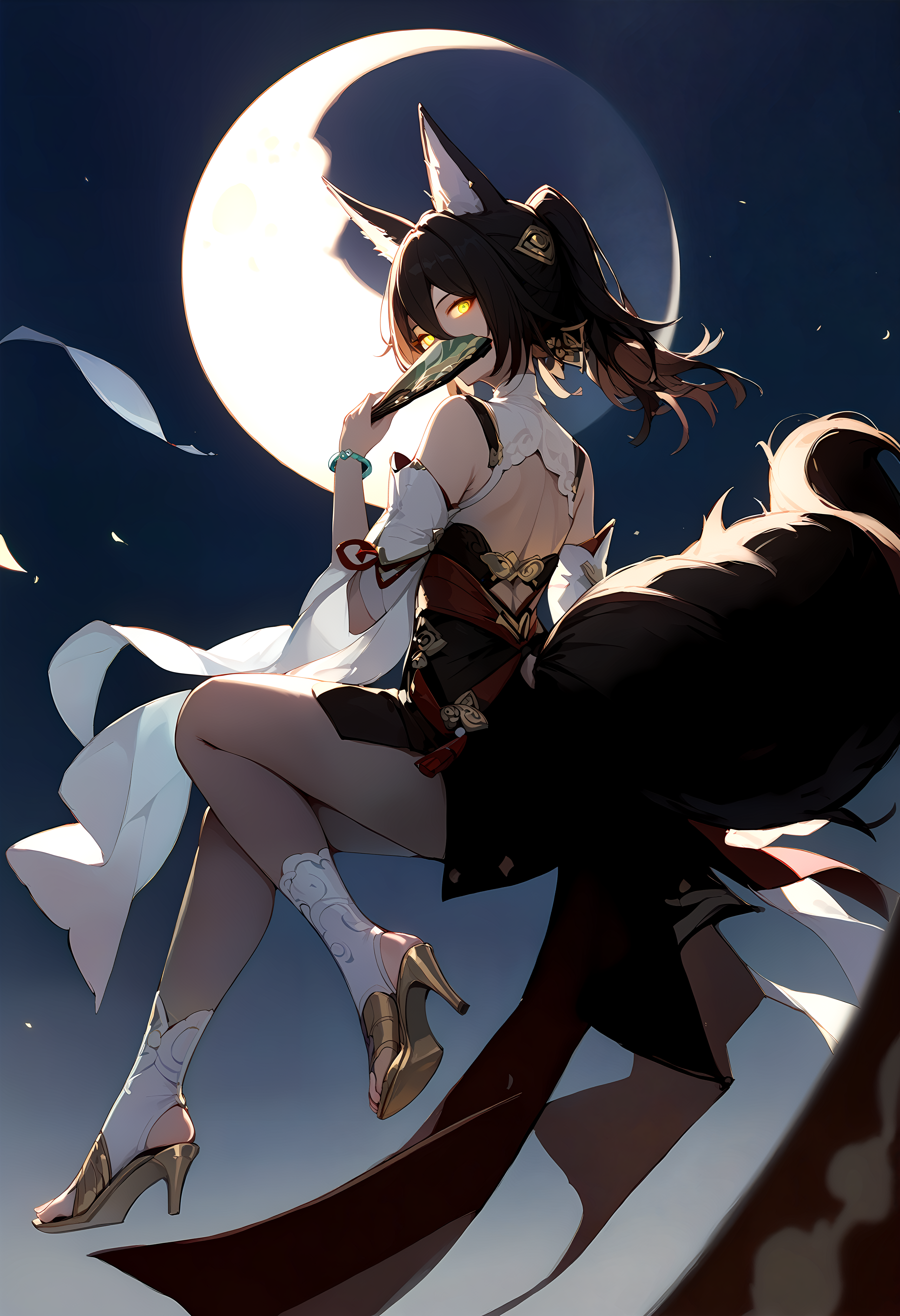 (score_9, score_8_up, score_7_up), 1girl, tingyun, detached sleeves, bangle, fox tail, toeless kneehighs, high heels, holding folding fan, fan covering mouth, looking back, shadow, dark background, glowing eyes, night, moon,<lora:tingyun-strPO-v1a:0.9>
