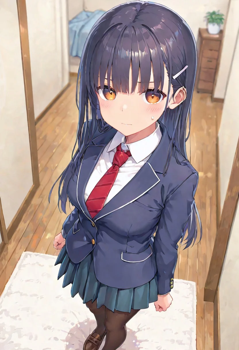 masterpiece, best quality, amazing quality, very aesthetic, high resolution, ultra-detailed, absurdres, newest, scenery,(depth of field:1.5),
(super fine illustration,professional quality,ultra high res), beautiful detailed eyes,
color pencil drawing,
break
yume irido,
black hair, long hair, blunt bangs,brown eyes,
single sidelock,asymmetrical bangs,
hair ornament,hairclip,
rakuro uniform,dark blue jacket,blazer,wing collar,collared shirt,white shirt,long sleeves,dark aqua skirt,pleated skirt,brown pantyhose,
red necktie,
loafers,
1girl, SOLO,
medium breasts,
sweatdrop,
Living room,
looking at viewer,