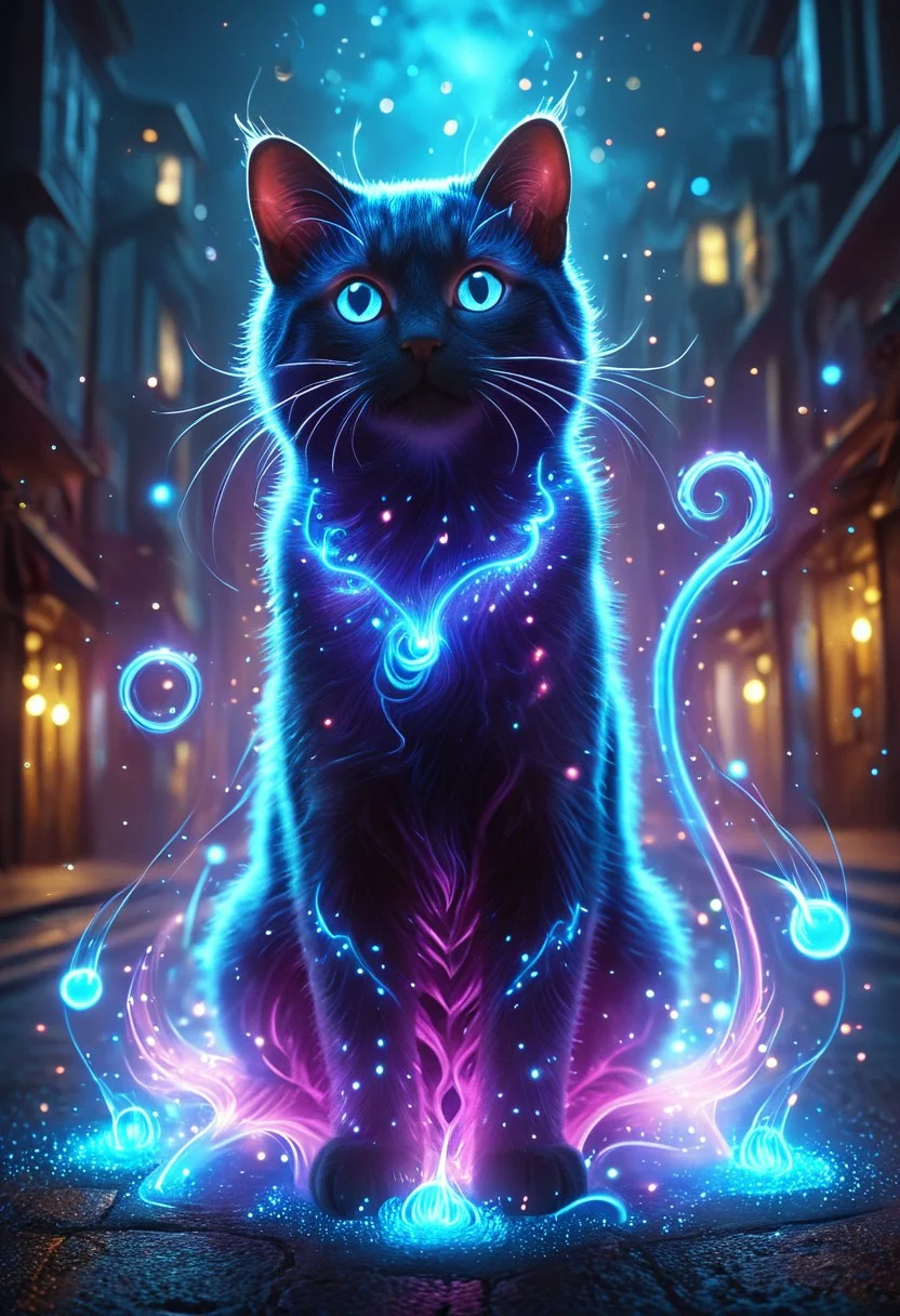 cute bioluminescent floating cat, ethereal glowing bioluminescent swirls, mystical light particles, dreamy atmosphere, vibrant neon mist, twilight city street, hyper-detailed fabric texture, soft illuminated fog, cinematic soft lighting, glowing blue and magenta hues, fantasy realism, enchanted night