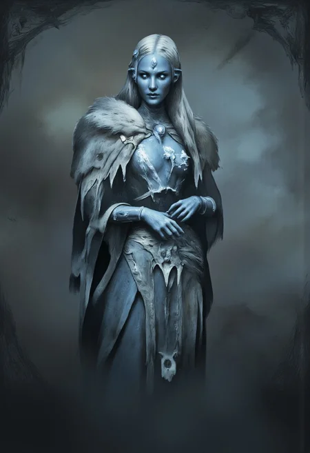 aidmaMJ6.1, Made out of paper, a PaperStyle , d4artstyle, d4concept, , d00mstyle, made of clay, ZBClay model of a gray sculpture
A mysterious and elegant figure resembling a frost sorceress, with pale blue skin and long, flowing white hair that cascades down her shoulders. She is draped in a luxurious, fur-lined cloak that appears to be made from the finest winter materials, enveloping her form in a regal and ethereal manner. Her eyes glow with an icy blue light, giving her an otherworldly and enchanting appearance. The sorceress's expression is calm and composed, exuding an aura of cold beauty and ancient power. The intricate details of her clothing and the shimmering frost on her skin suggest a deep connection to winter magic and the elements. The overall design captures both grace and danger, blending the qualities of an enchantress with the harshness of the frozen north.
Background solid color with a faded dimly lit, fog-covered darkness tone that emphasizes its silhouette.
The medium is not a traditional painting or illustrative medium like watercolor or ink but rather a digital rendering, eerie and unsettling.