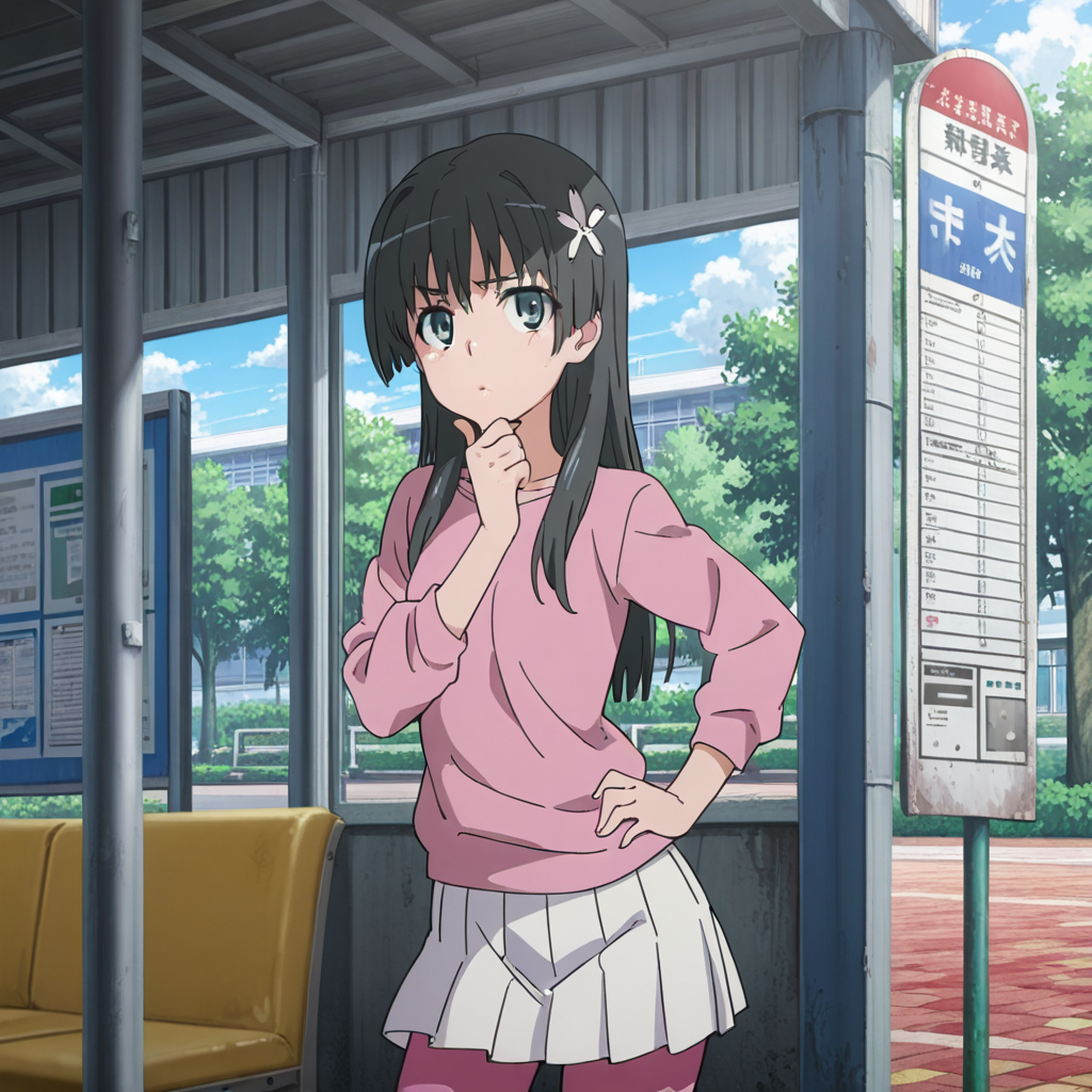 nsfw, masterpiece, best quality, amazing quality, 1girl, solo, index_railgun_saten_ruiko, green eyes, black hair, hair ornament, long hair, hair flower, pantyhose, white pleated skirt, pink casual, hand on own chin, bus stop, <lora:Saten_Ruiko_-_Index_Railgun:0.7>