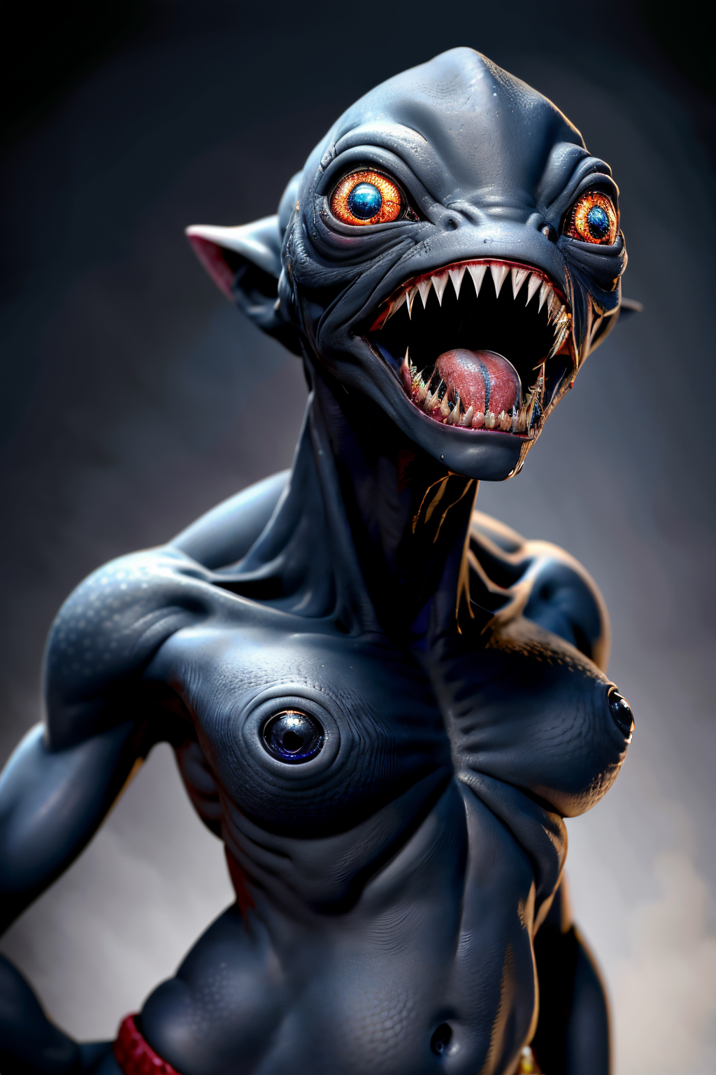 (Realistic:1.5) no humans navel grey background eye focus glowing eye closed mouth sharp teeth teeth realistic  <lora:EdobAlienSpecies_v1.0:0.8>