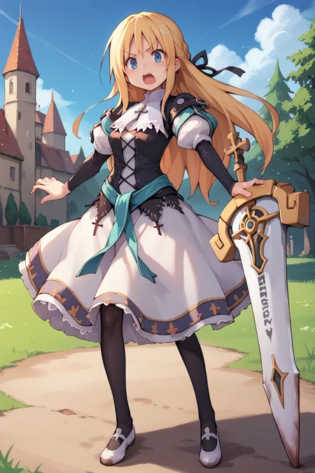score_9, score_8_up, score_7_up, score_6_up, source_anime, BREAK, <lora:Yggdra:0.85> , yggdef, 1girl, blonde hair, long hair, blue eyes, hair ribbon, ascot, juliet sleeves, black sleeves, dress, cross-laced clothes, cross-laced dress, lace-trimmed dress, lace trim, corset, black pantyhose, cowboy shot, solo, crossed arms, looking at viewer, one eye closed, (tsundere, pout), (exterior), castle, night, fortress, garden, courtyard, <lora:backgroundsetXL:0.3> , background, <lora:senbei_avocadochaya_XL:0.4>,