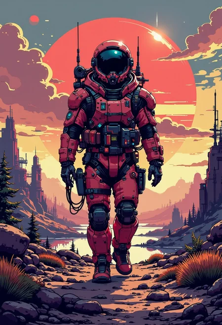 <lora:ck-nc-pastel-cyberpunk:1.2> A digital artwork in the style of cknc, A fighter pilot wearing a space suit, walking on a planet, scenery and a lake in background, sunrise.