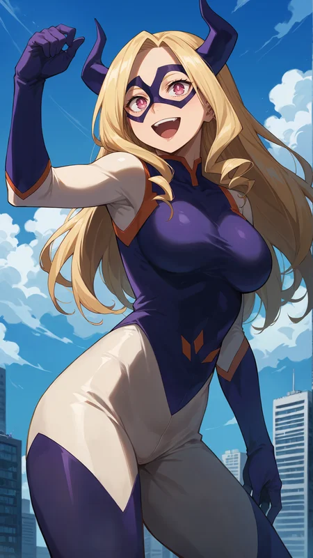 score_9,score_8_up,score_7_up,score_6_up, <lora:xl_more_art-full_v1:0.5>, source_anime, woman, dynamic pose, arching her back, <lora:Yu Takeyama (Mt.Lady) - Pony-000004:0.8>, long hair, blonde hair, drill hair, pink eyes, domino mask, purple mask, purple horns, purple bodysuit, white bodysuit, multicolored bodysuit, skintight, purple gloves, gigantamax, skyscraper, happy, leaning,