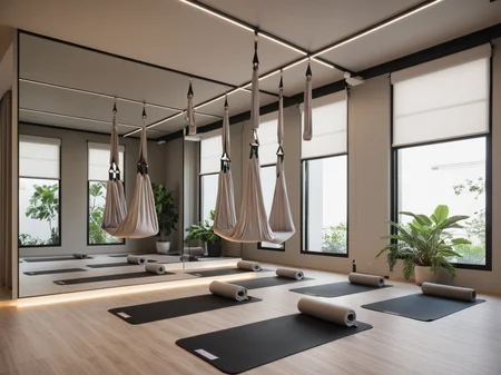 Architectural style <lora:JJsGym_XL:1>, masterpiece , best quality, ((yoga), Masterpiece, high quality, best quality, authentic, super detail ,windows ,curtains, dslr, soft lighting, high quality, ceiling light , plant,no humans, hanging, Aerial yoga, . Clean lines, geometric shapes, minimalist, modern, architectural drawing, highly detailed