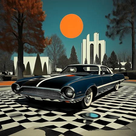 <lora:Abstract_Retro_Future_MovieSDXL:1> ArsMovieStill, Movie still from an abstract retro future movie, The image is a digital illustration of a black vintage car parked on a checkered floor. The car is in the center of the image with a large orange circle in the background. The background is a gradient of blue and orange with trees and buildings on either side of the car. The sky is a deep blue and the sun is shining brightly in the top right corner. The overall color scheme is predominantly blue orange and black with some hints of white and gray. The image has a retro and vintage feel to it., car, vehicle focus, motor vehicle, no humans, ground vehicle, sports car, tree, outdoors