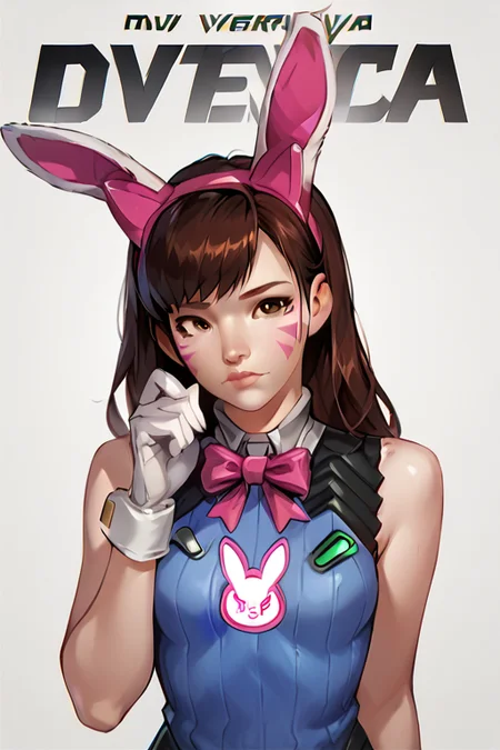 score_9,score_8_up,score_7_up,score_6_up,score_5_up,score_4_up,
<lora:DVApony:1>,
style, 1girl, solo, long hair, facepaint, gloves, animal ears, d.va, (overwatch), whisker markings, white gloves, blue shirt, facial mark, brown eyes, looking at viewer, cowboy shot, shirt, character name, sleeveless, cat ears, bangs, nose, lips, brown hair, pink lips, sleeveless shirt, bare shoulders, animal print, closed mouth, bunny print, standing, neck ribbon, hand up, bow, ribbon, makeup, artbrush