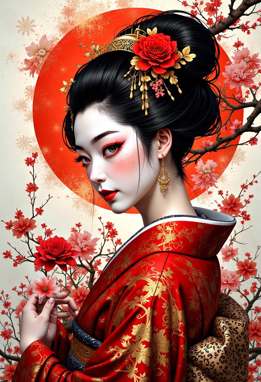 mythp0rt, ink art, breathtaking detailed, masterpiece, awe-inspiring, radiant, magnificent. stunning japanese geisha, (lustrous red, gold and black theme)