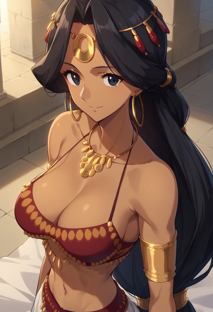 score_9, score_8_up, score_7_up, 1girl, black hair, long hair, black eyes, dark-skinned female, hoop earrings, jewelry, necklace, armlet, bare shoulders, neckline, red bikini, white baggy pants, large breasts, closed mouth, inside a palace, long sleeves, looking at viewer, smile, solo, upper body,