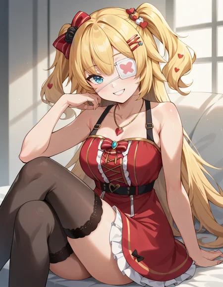 score_9, score_8_up, score_7_up, score_6_up, score_5_up, score_4_up, source_anime, anime screencap,  BREAK 1girl, solo, sitting, smile
<lora:Akai_Haato_Pony:1> chamared, long hair, blonde hair, blue eyes, twintails, hair ornament, jewelry, red dress, sleeveless, bare shoulders,  frills, hair bow, hairclip, thighhighs, eyepatch, necklace,