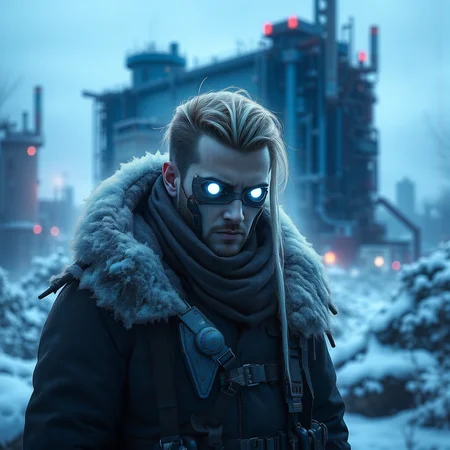 Frostpunk style, frostpunk style cunning jewish male, young with dirty blonde pigtails with shave sides, frozen white bionic_eyes , wearing a glacier white mechanized parka, insulated combat boots, mechanical_arms. set in a snowy cityscape with a massive, frost-covered generator looming in the distance, a symbol of humanity's struggle. , at dusk, <lora:flux/perfection style v2d.safetensors:1.0>, perfection style, <lora:flux/Sinfully_Stylish_1.0_Flux.safetensors:1.0>, sinfully stylish, <lora:scifi/moxiePunk_v3S.safetensors:1.0>, . Icy, futuristic aesthetic incorporating frozen elements, augmented mechanical technology, neon-lit snow-covered cityscapes.
