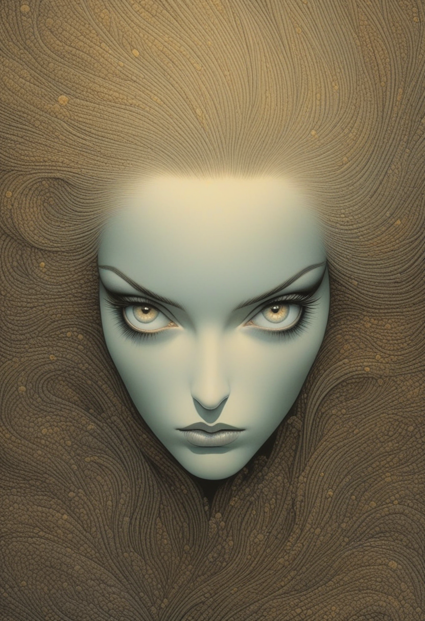 Artwork  by moebius, there is a woman with long hair, naoto hattori, mark brooks and brad kunkle, style of aesthetic, comic book artwork portrait of a young woman 22yo, she has a striking light gray eyes, long eyelashes and well-defined eyebrows, catchlights, portrait masterpiece, perfect beautiful face , (light freckles:0.3) , sparkling eyes, sad expression, intimate and engaging portrait with a sense of mystery,  ethereal abstractions, background is minimalist, duo-toned color graded, finely detailed, beautiful cleavage, simmetry, high budget,  sharp focus, intricate fractal details, analog drawing ,  eye catching, drab, <lora:eye_catching:0.4> ,<lora:MoebiousXL:1>
