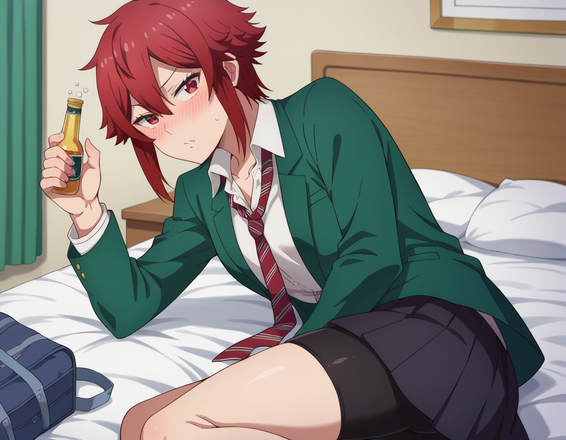 score_9, score_8_up, score_7_up, source_anime,
tomoaizawa, <lora:tomo-aizawa-ponyxl-lora-nochekaiser:1>,
tomo aizawa, short hair, red eyes, hair between eyes, red hair,
skirt, shirt, school uniform, jacket, white shirt, pleated skirt, necktie, striped, black skirt, blazer, red necktie, school bag, green jacket, striped necktie, green blazer, bike shorts,
indoors, bed, bed room, on side, blush, drunk,
looking at viewer, dutch angle, cowboy shot,