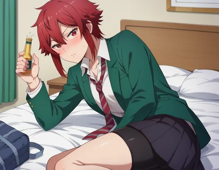 score_9, score_8_up, score_7_up, source_anime,
tomoaizawa, <lora:tomo-aizawa-ponyxl-lora-nochekaiser:1>,
tomo aizawa, short hair, red eyes, hair between eyes, red hair,
skirt, shirt, school uniform, jacket, white shirt, pleated skirt, necktie, striped, black skirt, blazer, red necktie, school bag, green jacket, striped necktie, green blazer, bike shorts,
indoors, bed, bed room, on side, blush, drunk,
looking at viewer, dutch angle, cowboy shot,