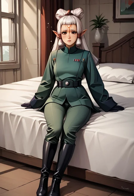 (score_9,score_8_up,score_7_up,source_anime,(masterpiece:1.2),best quality,very aesthetic,public indecency,absurdres),masterpiece,best quality,very aesthetic,fantasy,absurdres,1girl,
1girl, solo, bowpaya, paya, elf ears, pointy ears, White hair, pointy ears, brown eyes, forehead mark light rays, (light particles), hat, uniform, green jacket, long sleeves, belt, black gloves, pants, knee boots, black boots, sitting, on bed, bedroom, night
masterpiece,best quality, very aesthetic, absurdres, ultra detailed, high resolution, 4k, extremely detailed CG,
Imperial Uniform