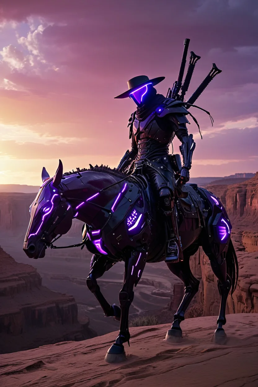 <lora:Electric Alien - Trigger is ElectAlien Artstyle:.8> electalien artstyle,Scene where does stunts riding a horse along with the wild west canyons backdropped with purple sunset, in Cine4D rendered, photorealistic