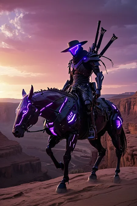 <lora:Electric Alien - Trigger is ElectAlien Artstyle:.8> electalien artstyle,Scene where does stunts riding a horse along with the wild west canyons backdropped with purple sunset, in Cine4D rendered, photorealistic