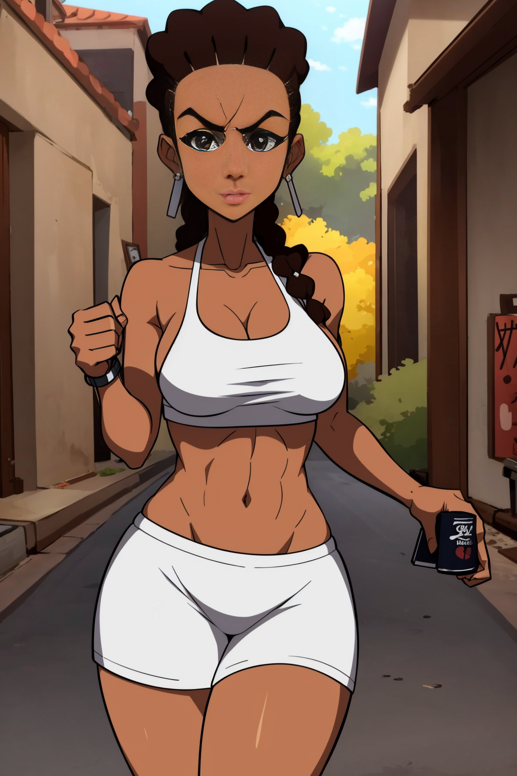 a woman with sexy body and outfit, walking in the sidewalk, (well draw eyes and eye pupil:1.2), EdobBoondocksArtStyle  <lora:EdobBoondocksArtStyle_v1.0:0.8>