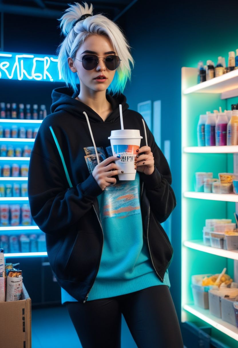 aszkstzz, white hair, indoors, sunglasses, holding cup, black jacket, retail environment, makeup, holding food, looking to the side, blue hoodie, neon lights, messy hair, short sleeves, hair up, mascara, bottle, socks, sweater, shelf, realistic, hyperdetailed photography, soft light,   cinematic angle, masterpiece, best quality ,