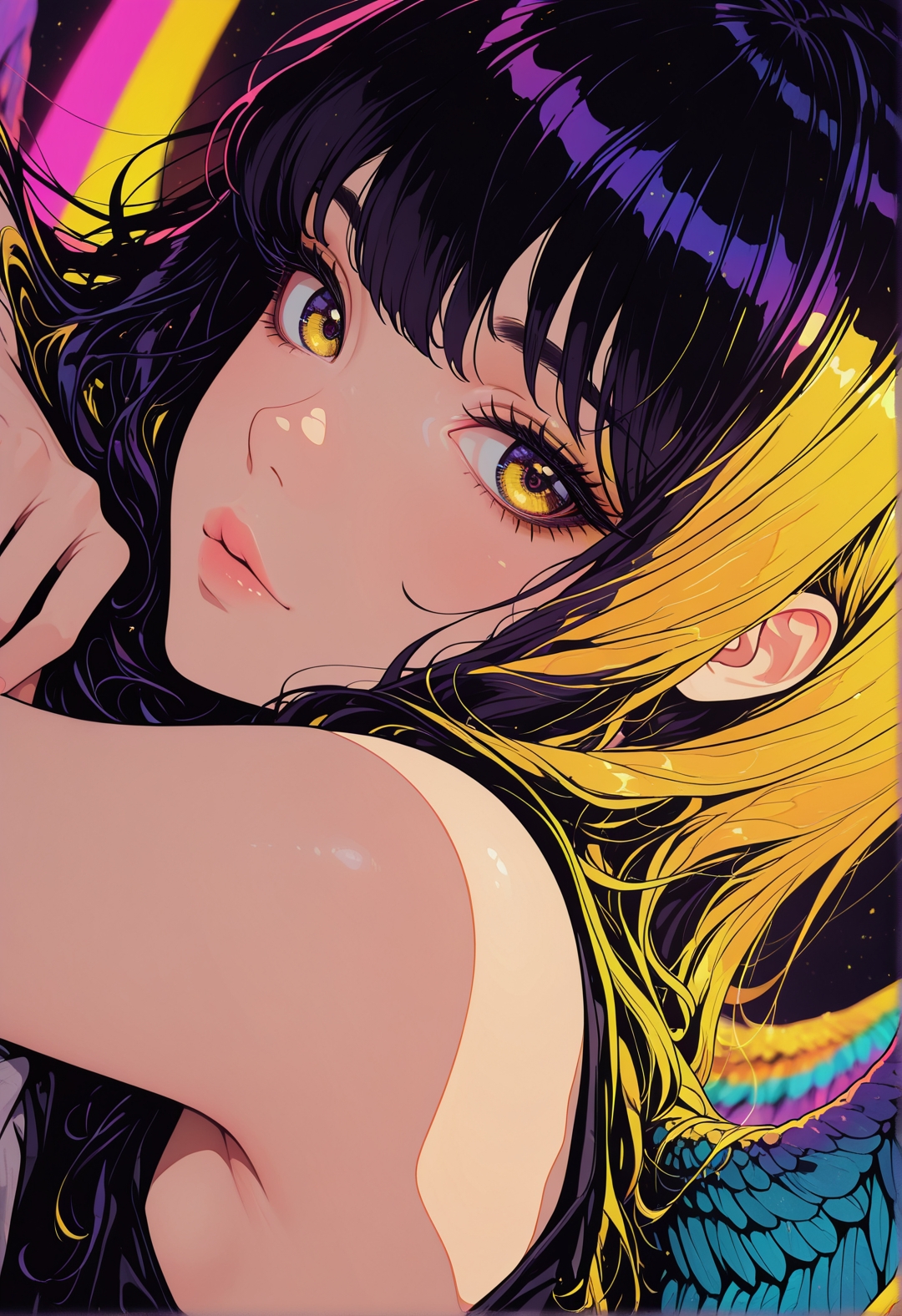 <lora:ck-shadow-circuit-IL:0.78>,
masterpiece, best quality, good quality, very aesthetic, absurdres, newest, 8K, depth of field, focused subject,
 close up, stylized, gold and neon color palette, godlike, wabi sabi, 1girl, rainbow angel wings, looking at viewer, dynamic angle, from side, gates, heaven, relaxing
<lora:MoriiMee_Gothic_Niji_Style_Illustrious_r1:0.45>
<lora:ck-nc-cyberpunk-IL-000011:0.4>
<lora:ck-neon-retrowave-IL:0.8>