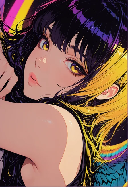 <lora:ck-shadow-circuit-IL:0.78>,
masterpiece, best quality, good quality, very aesthetic, absurdres, newest, 8K, depth of field, focused subject,
 close up, stylized, gold and neon color palette, godlike, wabi sabi, 1girl, rainbow angel wings, looking at viewer, dynamic angle, from side, gates, heaven, relaxing
<lora:MoriiMee_Gothic_Niji_Style_Illustrious_r1:0.45>
<lora:ck-nc-cyberpunk-IL-000011:0.4>
<lora:ck-neon-retrowave-IL:0.8>