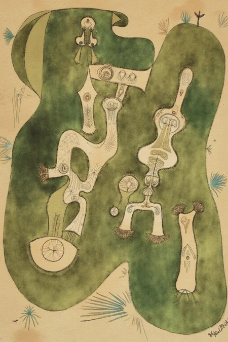 paulklee1 painting.
A complex composition featuring figures rendered as abstract, biomorphic forms in shades of green, brown, and beige.
<lora:paulklee1_cap_d8a4e6:1.0><lora:839155520939064086:0>